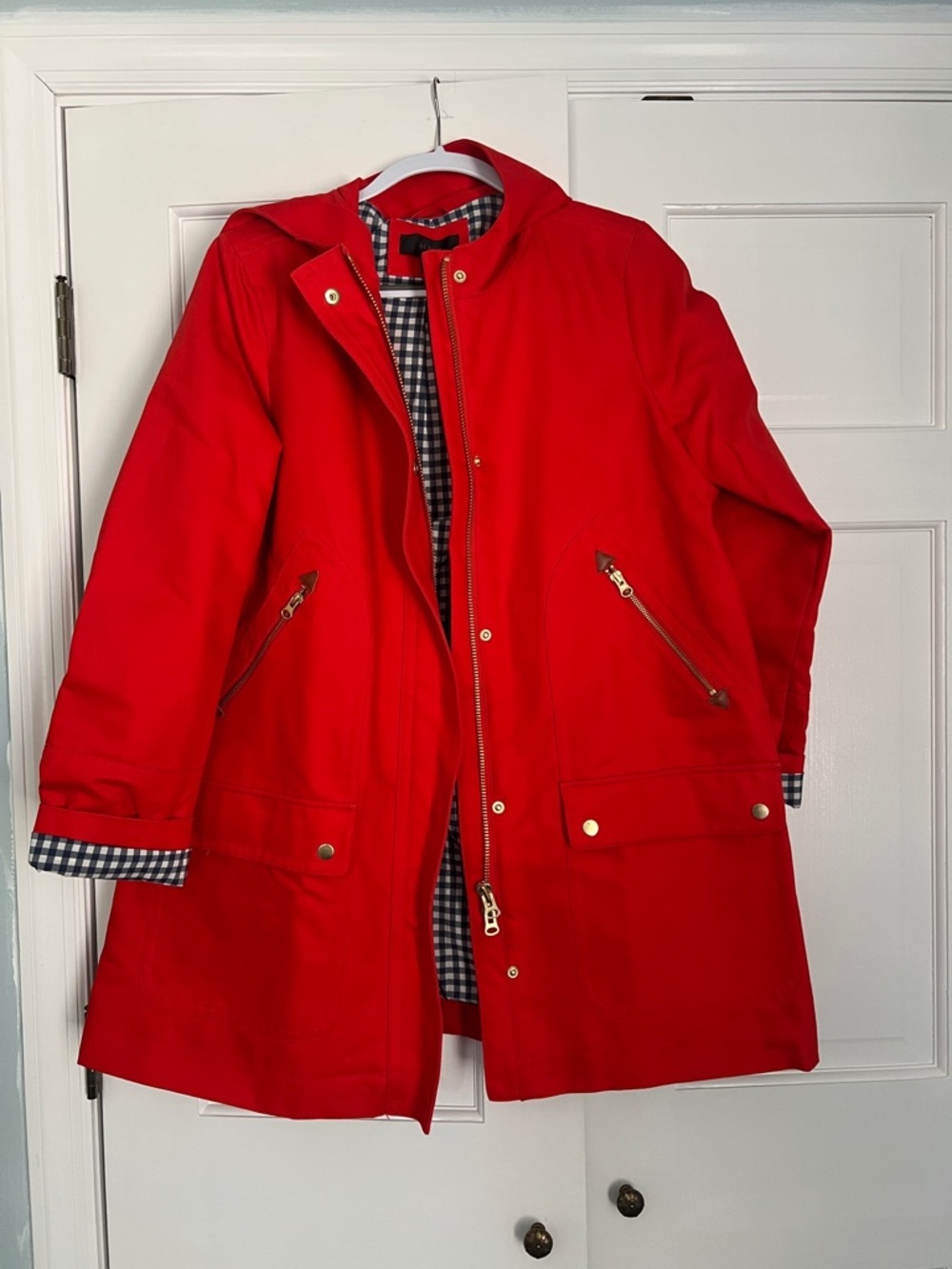 Jcrew Red Hooded Raincoat Jacket with Gingham Lining